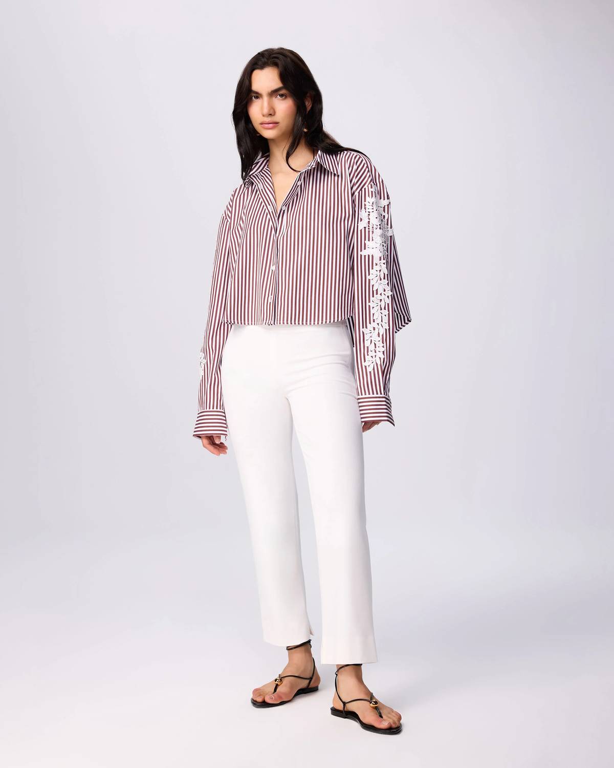 Theo The Label - Echo Cropped Embroidered Stripe Shirt