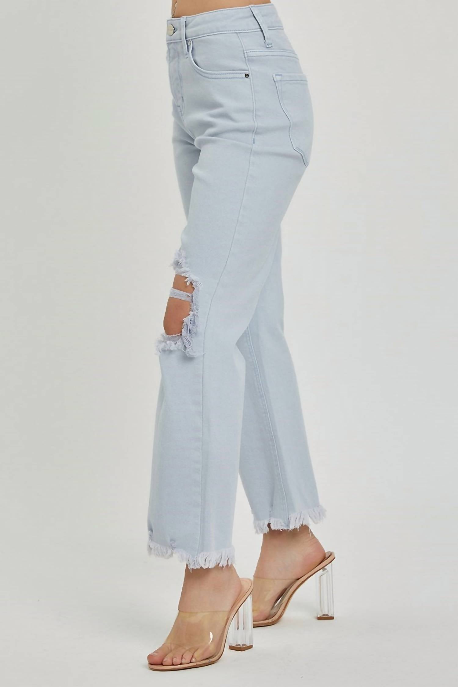 RISEN High Rise Knee Distressed Straight Pants in ice blue - women's jeans - view 4