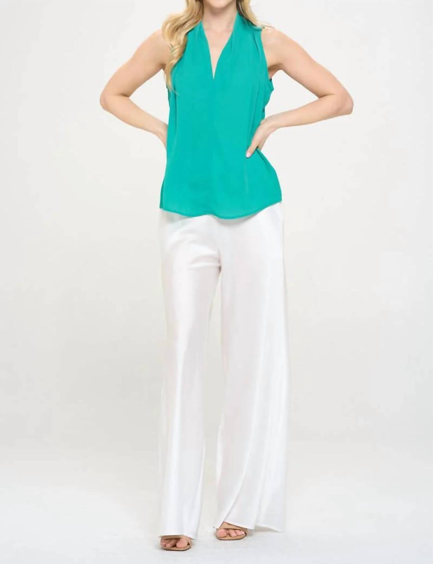 Renee C - Solid V Neck Top With Drape Neckline