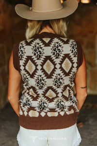 Lucky & Blessed - Aztec Leopard Knit V-neck Sleeveless Sweater Top