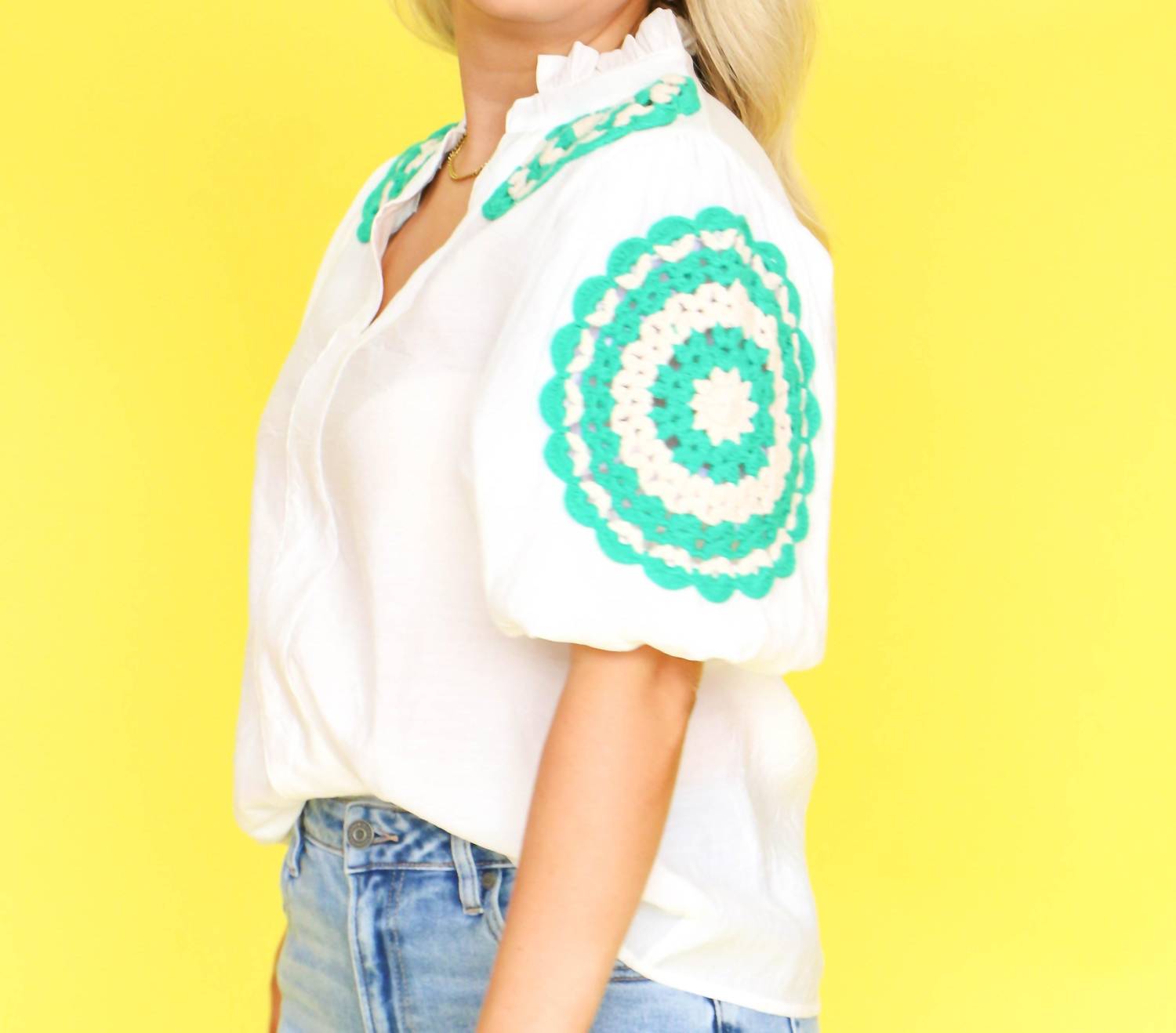 Thml - Puff Sleeve Crochet Detail Top