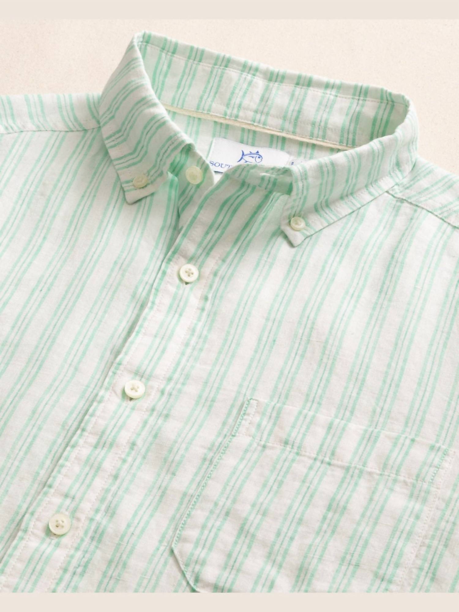 SOUTHERN TIDE Crepe Myrtle Striped Linen Short Sleeve Button Down Shirt in jade green - men's shirt - view 6