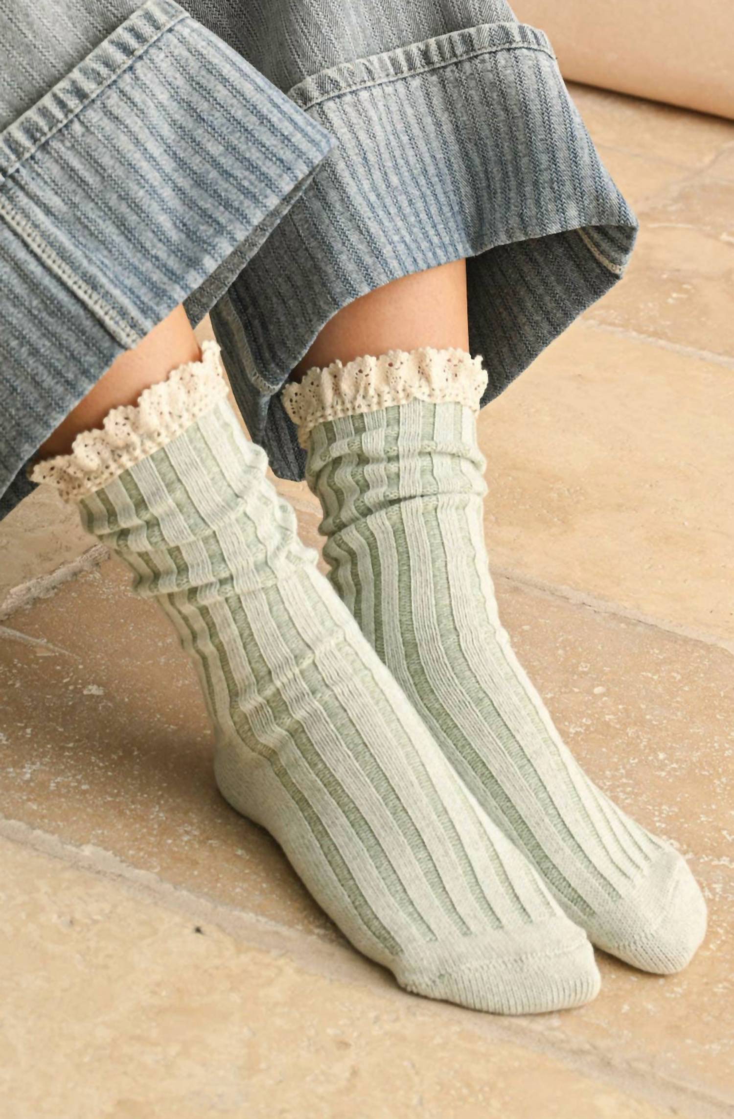 MIOU MUSE Salt & Thread Trim Socks in sage - women's accessory