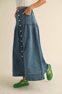 Miou Muse - Button Front Bohemian Denim Maxi Skirt