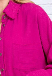 ZENANA Oversized Raw Edge Shirt in magenta - women's long sleeve top - detail view
