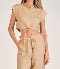 Elan - Crop Linen-blend Button Up Top