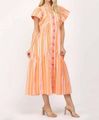 Fate - Stripe V-Neck Midi Dress with Swirl Button