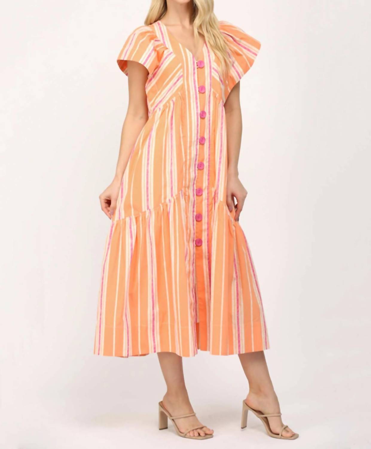 Fate - Stripe V-Neck Midi Dress with Swirl Button