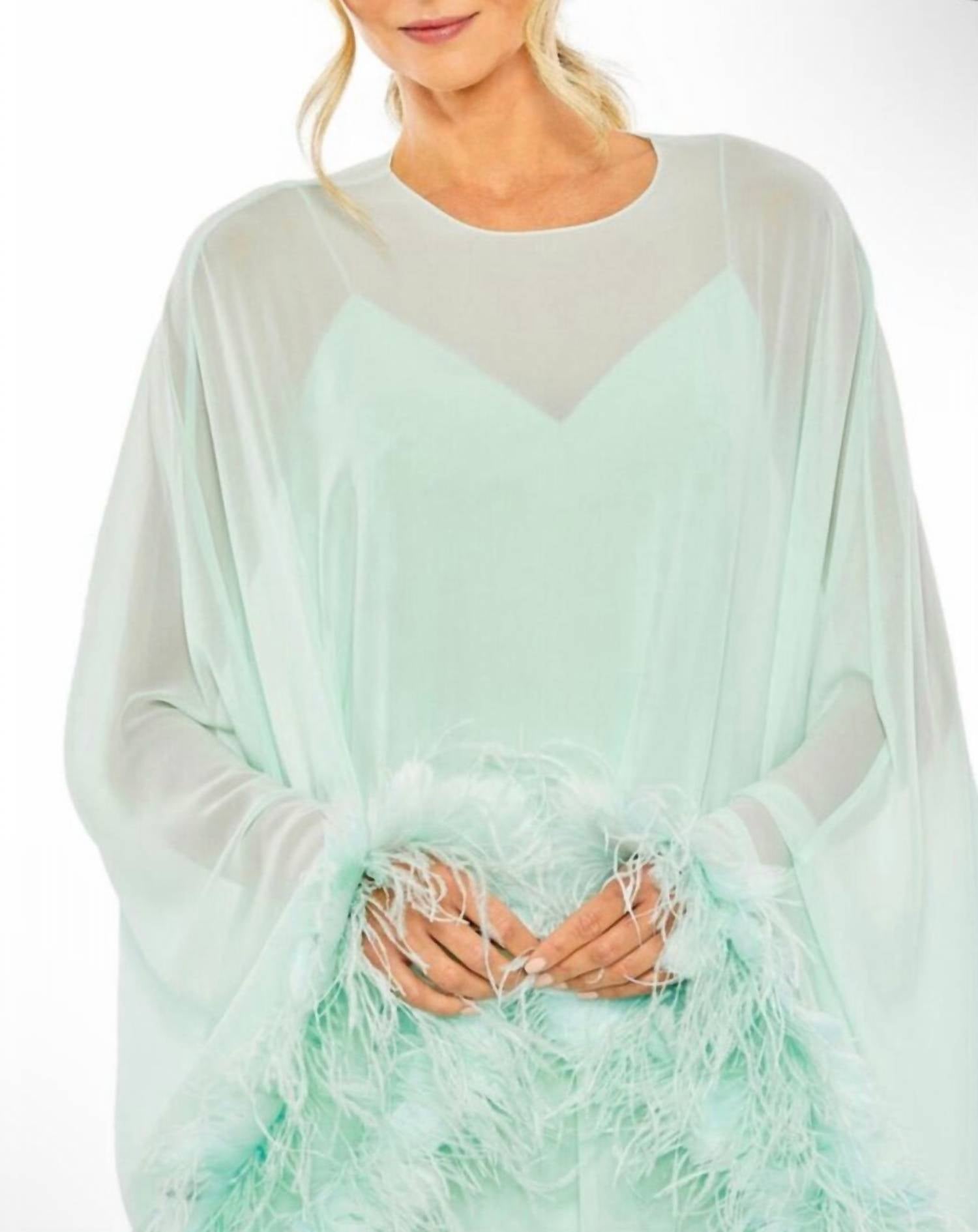 MAC DUGGAL Feather Trim Trapeze Mini Cocktail Dress in mint green - women's dress - alternate view