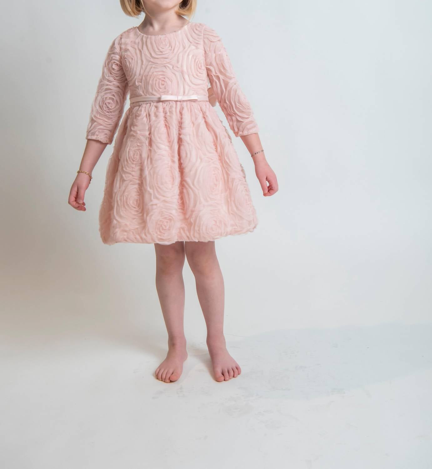 Sweet Kids - Three Quarter Sleeve Rosette Mesh Satin Dress