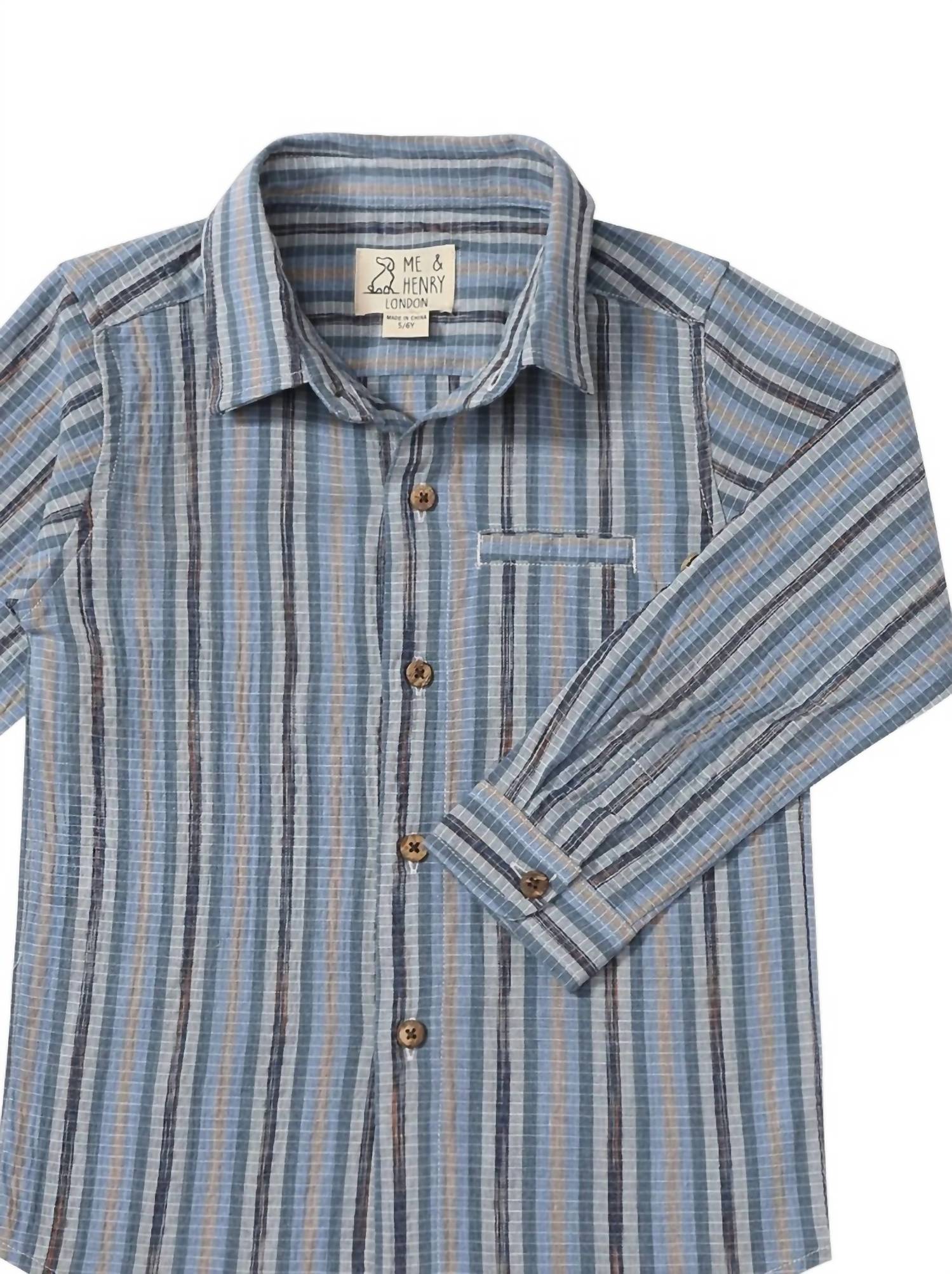 ME & HENRY Kid's Atwood Woven Shirt in navy multi plaid in navy multi plaid - kids' long sleeve top - detail view