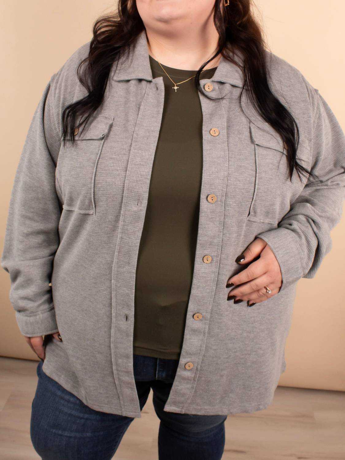 Michelle Mae - Layered Living Waffle Knit Button Up Jacket