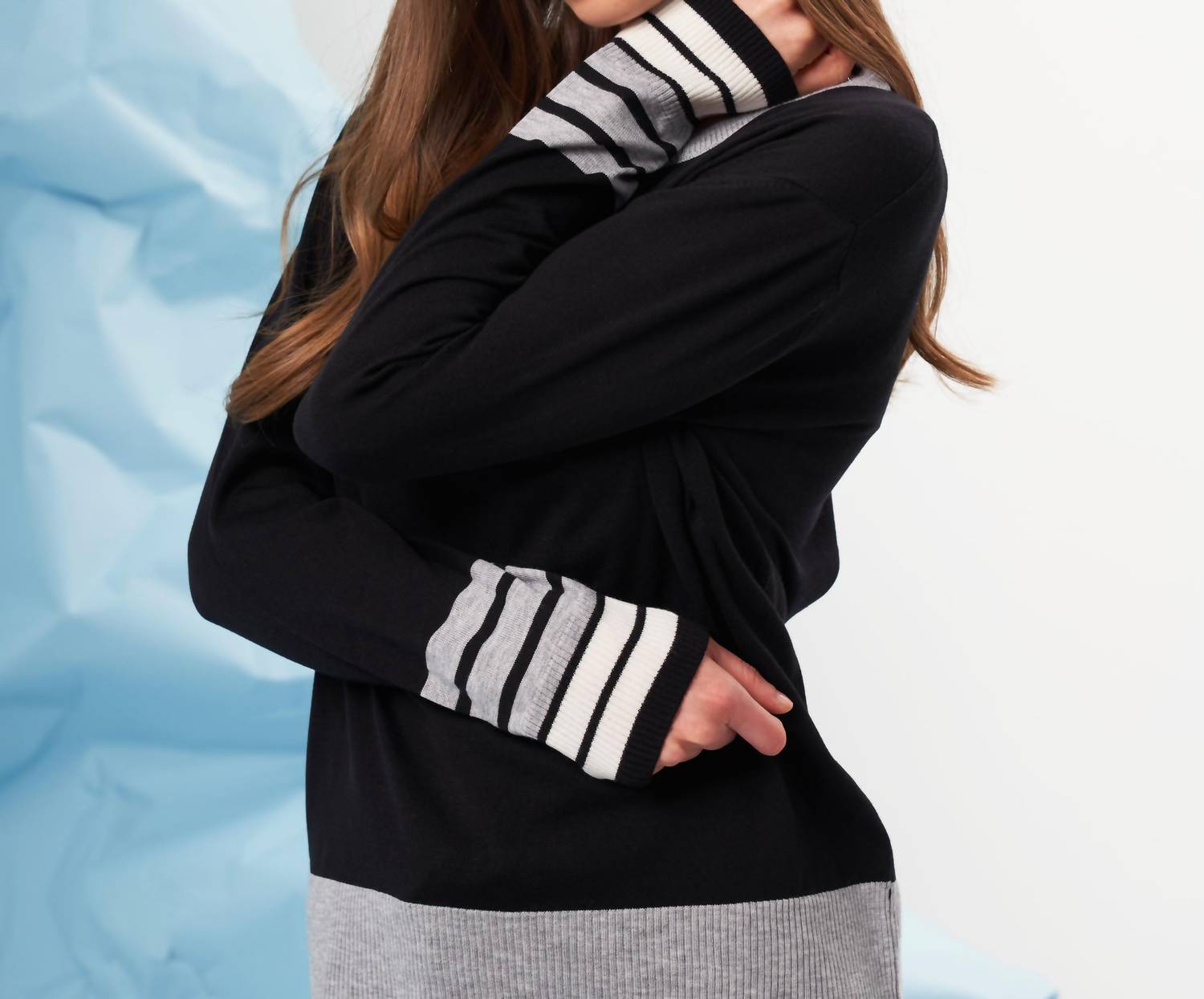 french kyss Stripe Sleeve Scoop Neck Top in black slate - women's sweater - alternate view