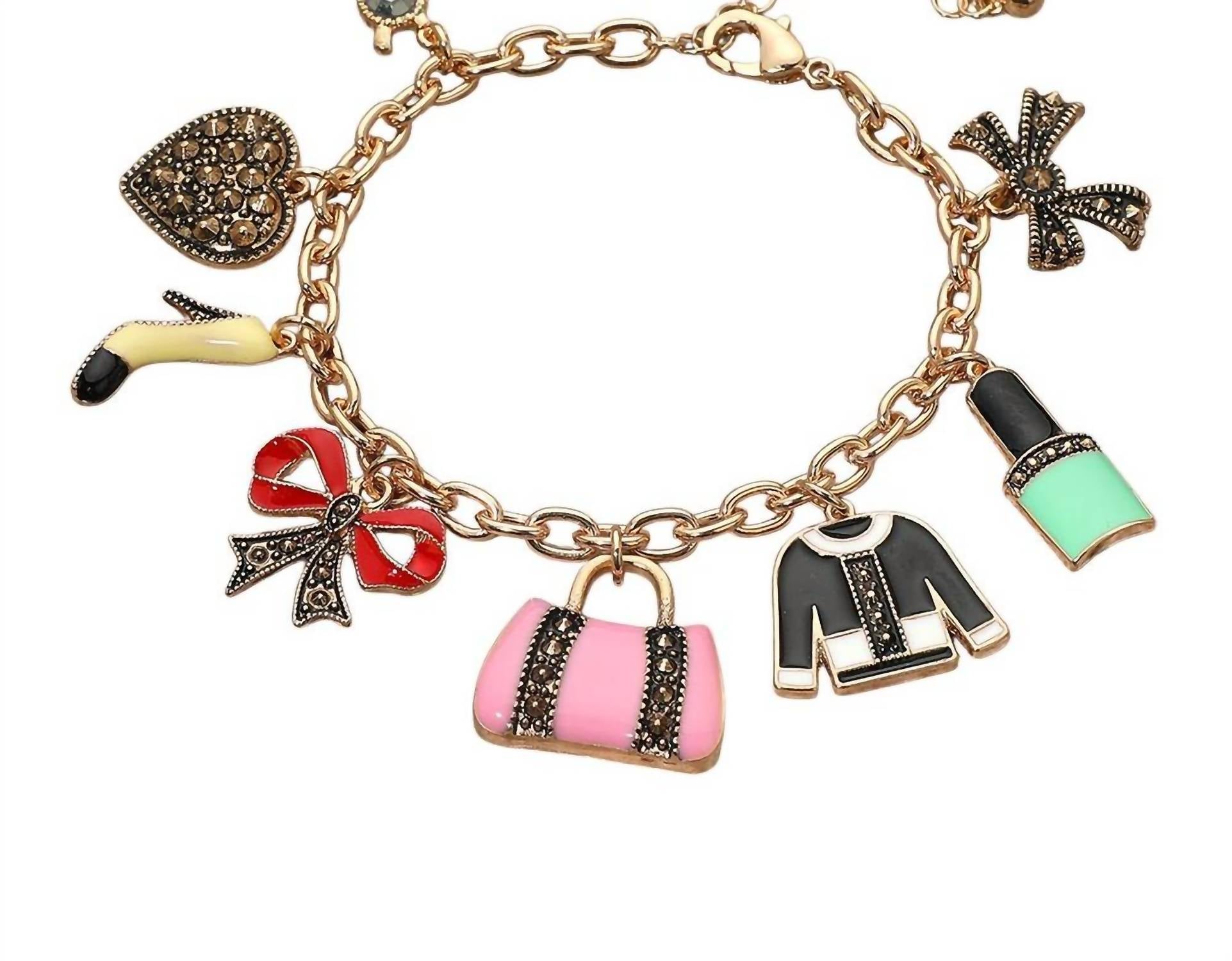 Wona Trading - Stone Paved Heart Bow High Heel Bag Lipstick Charm Station Bracelet