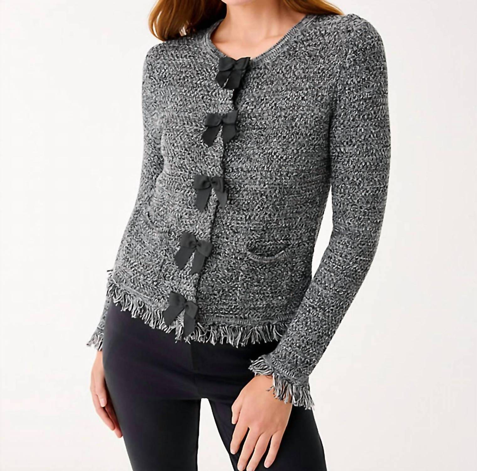Lilly Pulitzer Kelso Bow-fringe Cotton Cardigan in black marl - women's cardigan