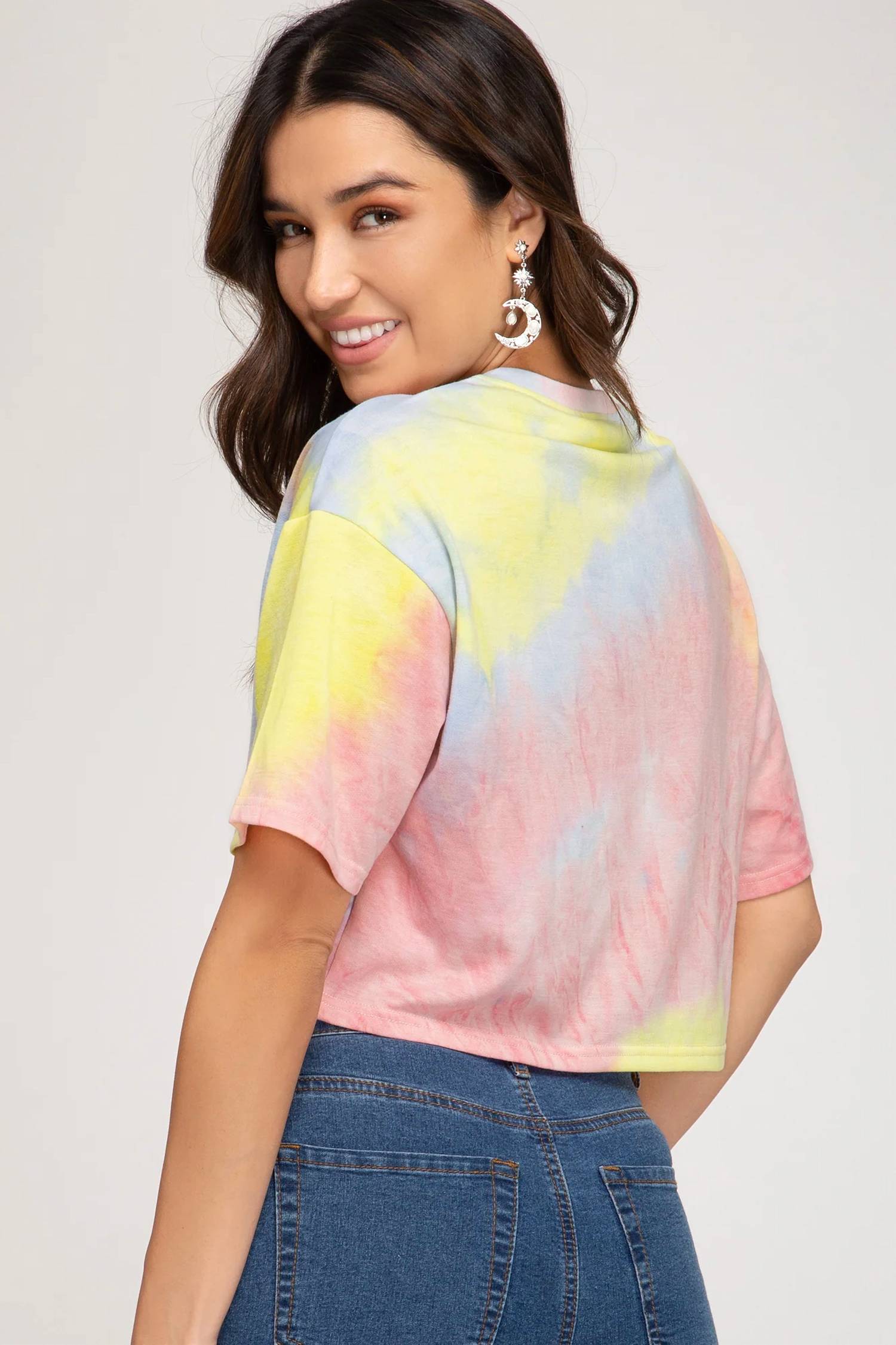 She + Sky - V-neck Tie Dyed Terry Crop Top