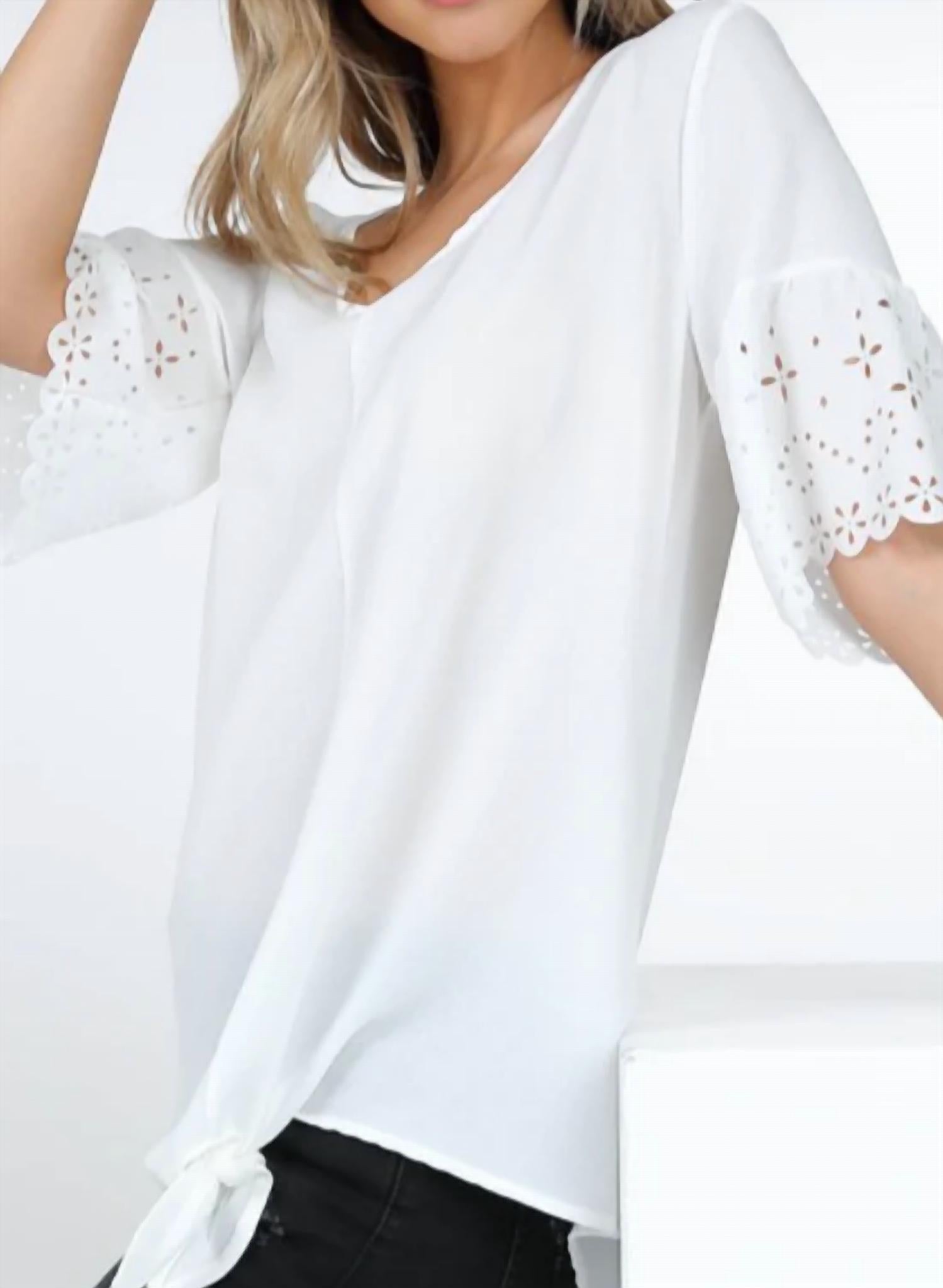 Shop Basic - Laser Cut Short Sleeve V Neck Top With Tie