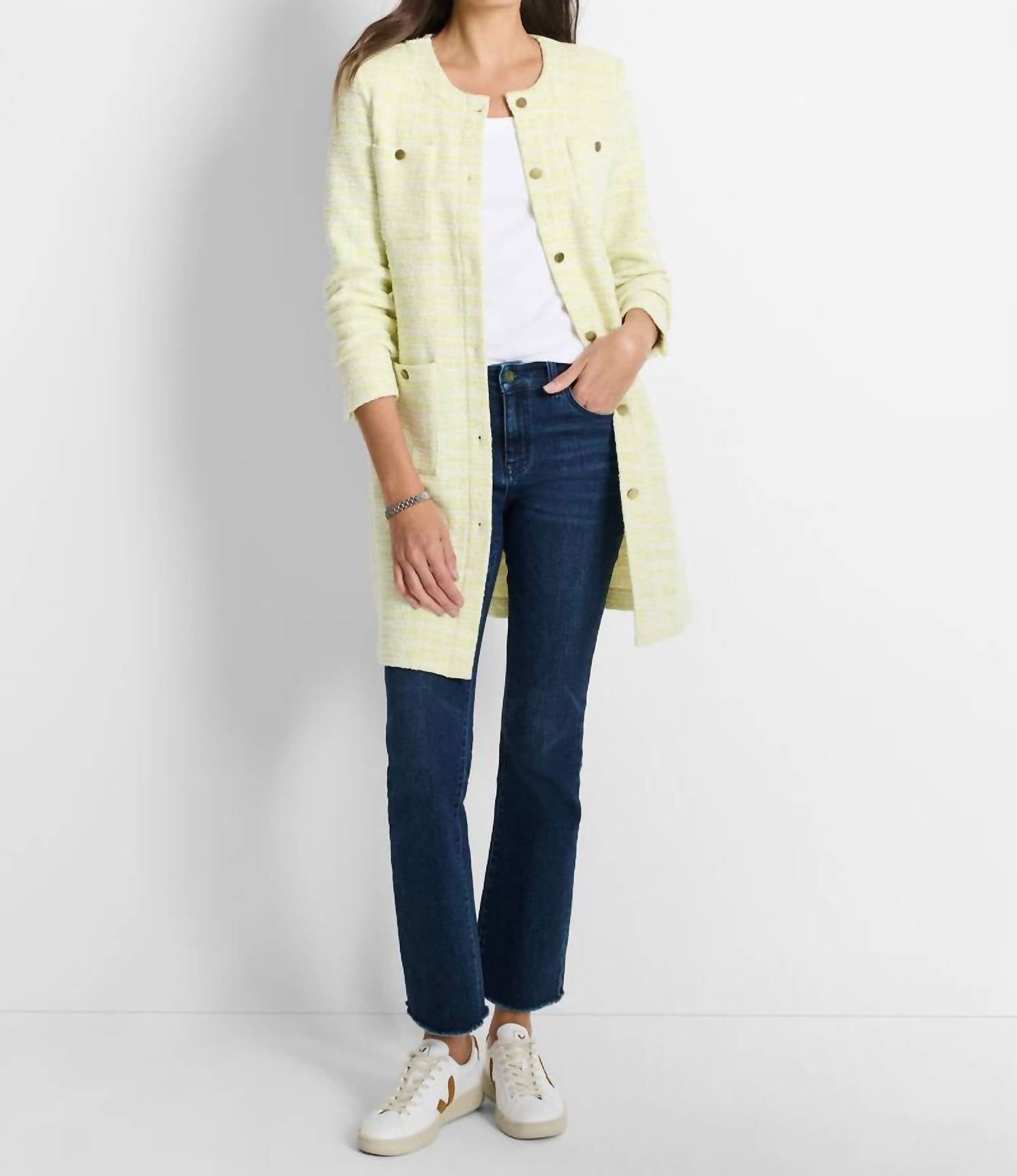 Nic + Zoe Tilia Textured Knit Statement Jacket in pistachio green and cream - women's jacket