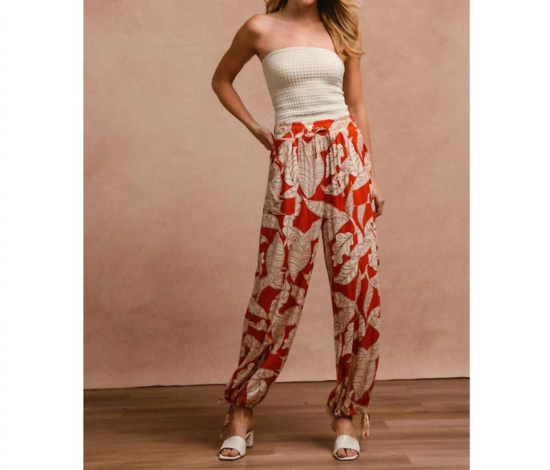 BiBi Woven Printed Balloon Pants With Drawstring in rust - women's pants - view 4