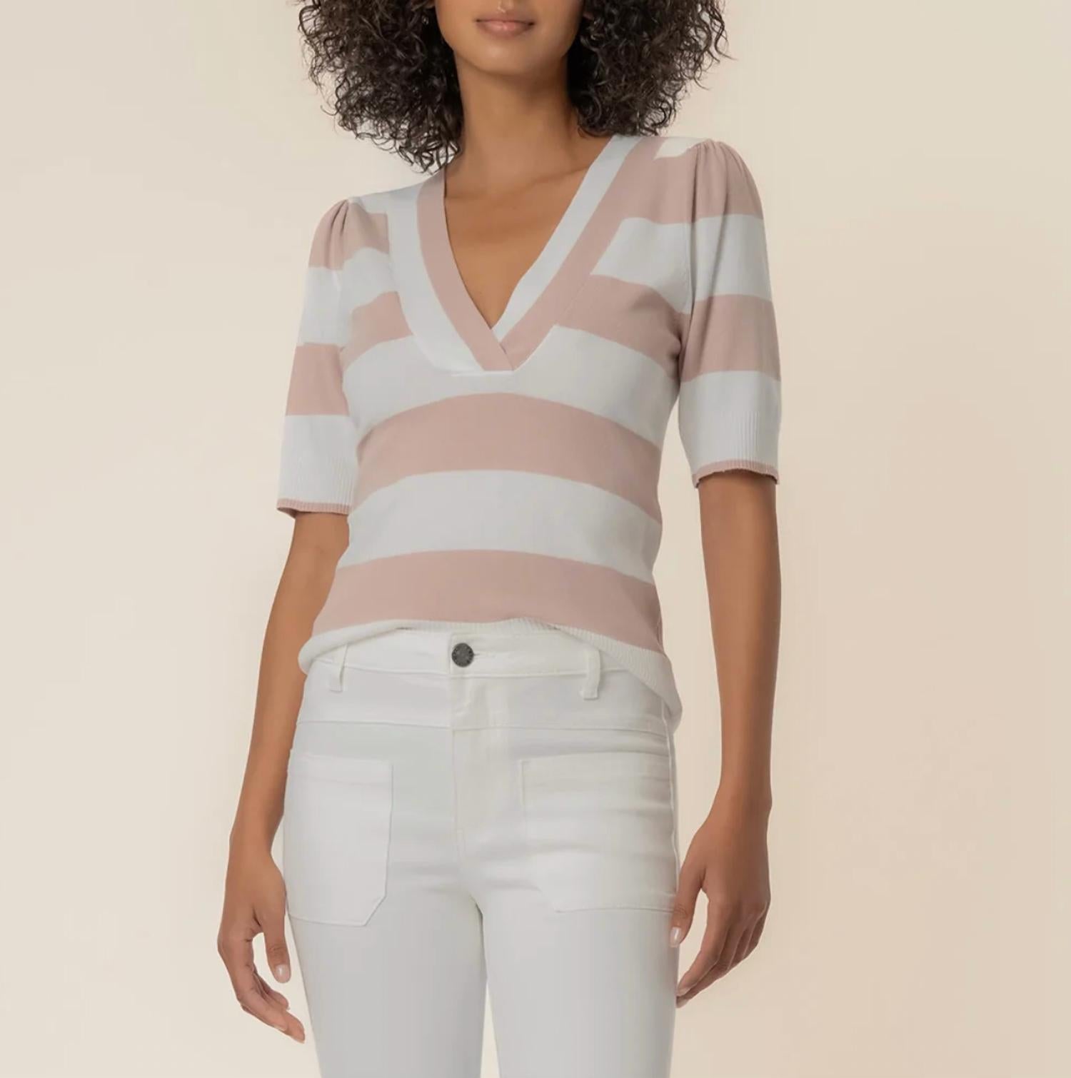 KUT FROM THE KLOTH Yona Striped V-neck Sweater in white blush - women's sweater