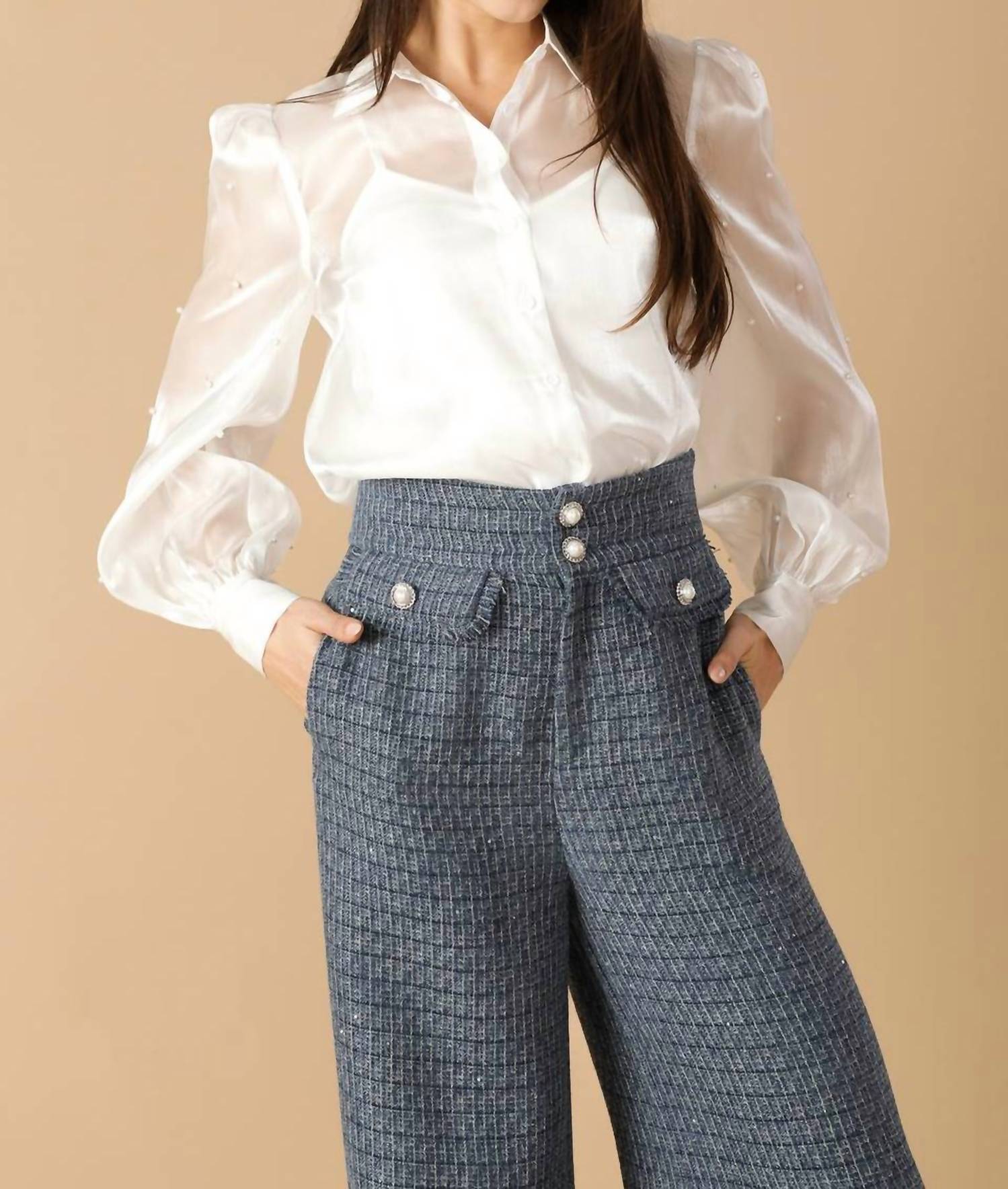 FLYING TOMATO The Lumière Organza Top in white - women's long sleeve top