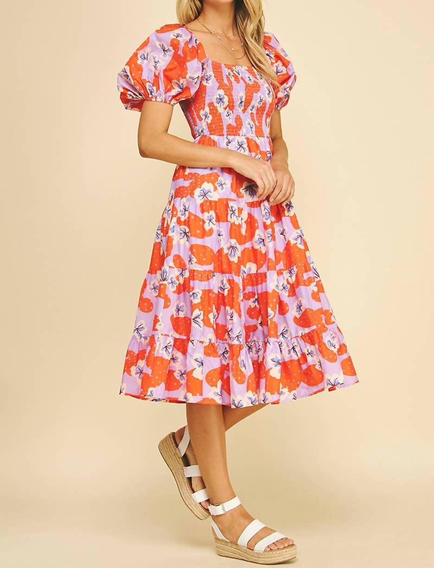 PINCH Floral Smocked Midi Dress With Bubble Sleeves in lavender orange - women's dress - detail view