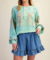 Easel Mixed Print Button Front Washed Top in atlantis green - women's long sleeve top - alternate view