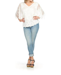 Papillon - Embroidered Cotton V Neck Blouse With Mesh Sleeves
