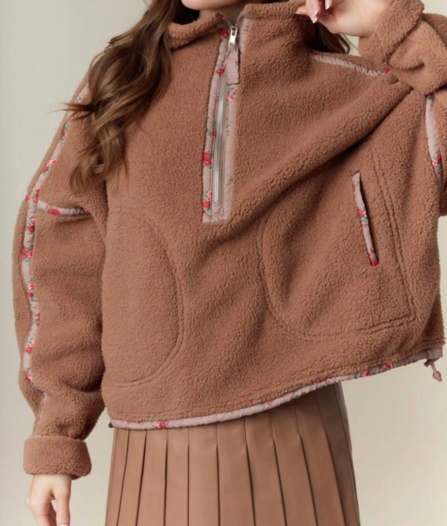 Peach Love Ditsy Floral Half Zip Sherpa Jacket in camel - women's jacket - alternate view
