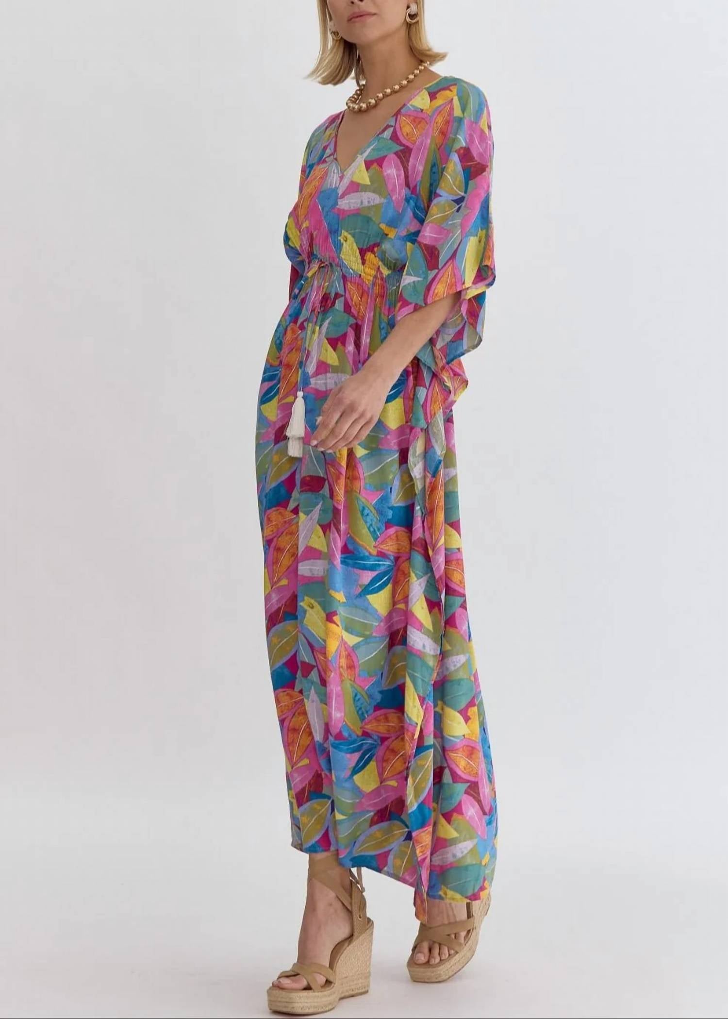 Entro - Colorful Print V-neck Maxi Dress