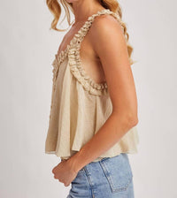 Bluivy - Gathered Strap Raw-edge V-neck Flowy Top