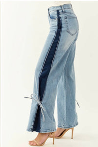Saige Denim Chic Contrast Wide Leg With Ribbon Tie Pants in blue - women's pants - detail view