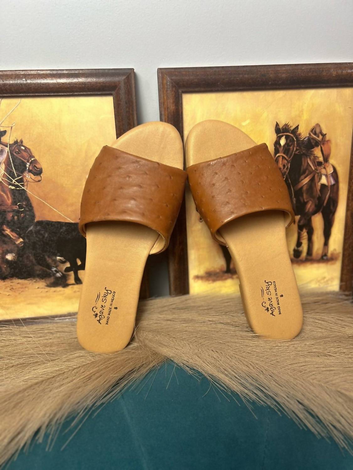 Agave Sky Women's Eva Ostrich Slides in burnt umber - women's sandal