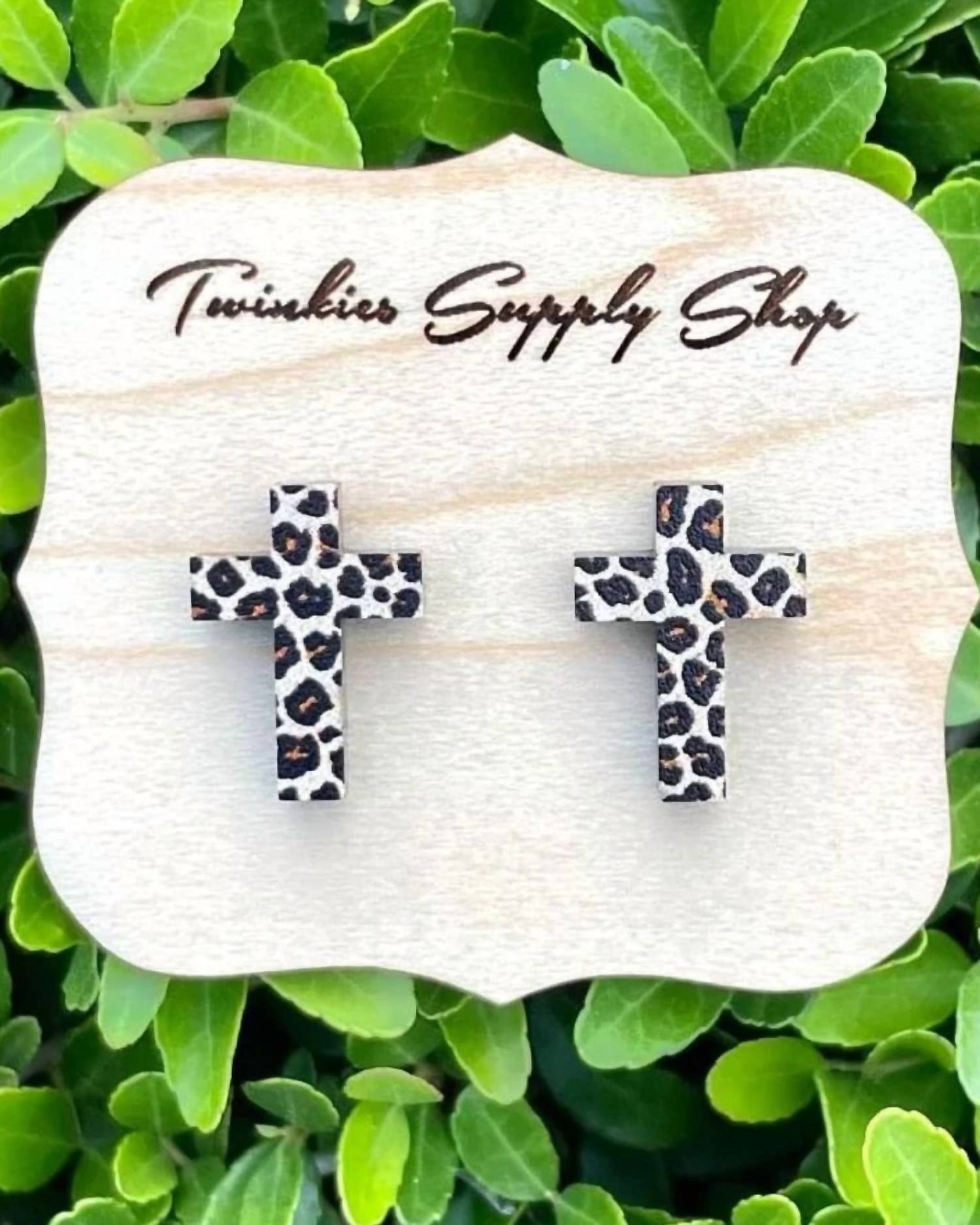 White Label - Women's Wooden Leopard Cross Studs Earrings