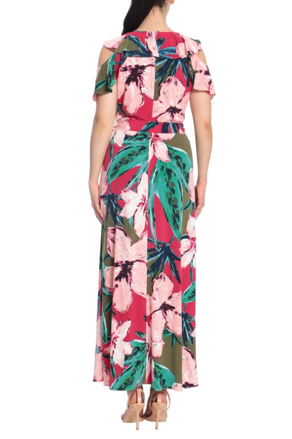 London Times - Floral Print Ruffle Cold Shoulder Front Slit Maxi Dress