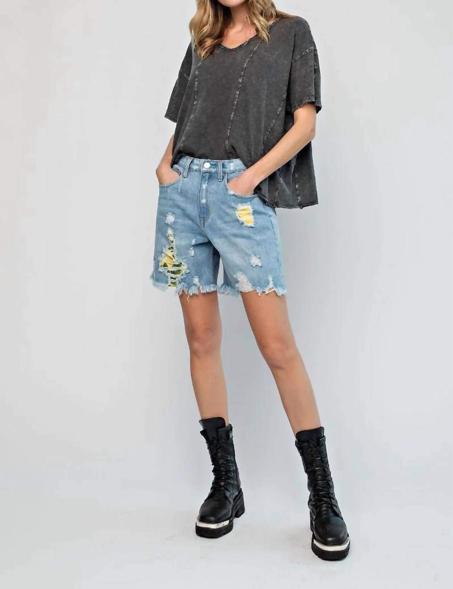 Easel - Distressed High-Rise Shorts
