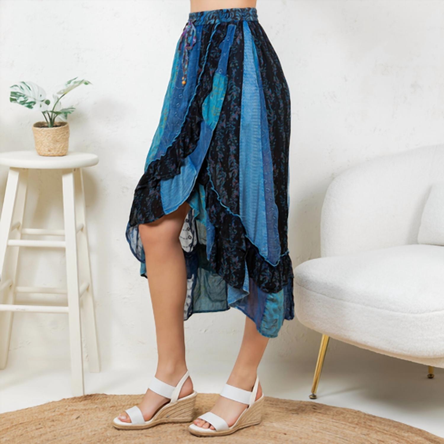 Young Threads Boho Ruffle Wrapped Fit And Flare Midi Skirt in indigo - women's skirt - detail view