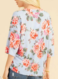 Sew In Love - Blue & Red Floral Half Sleeve Top