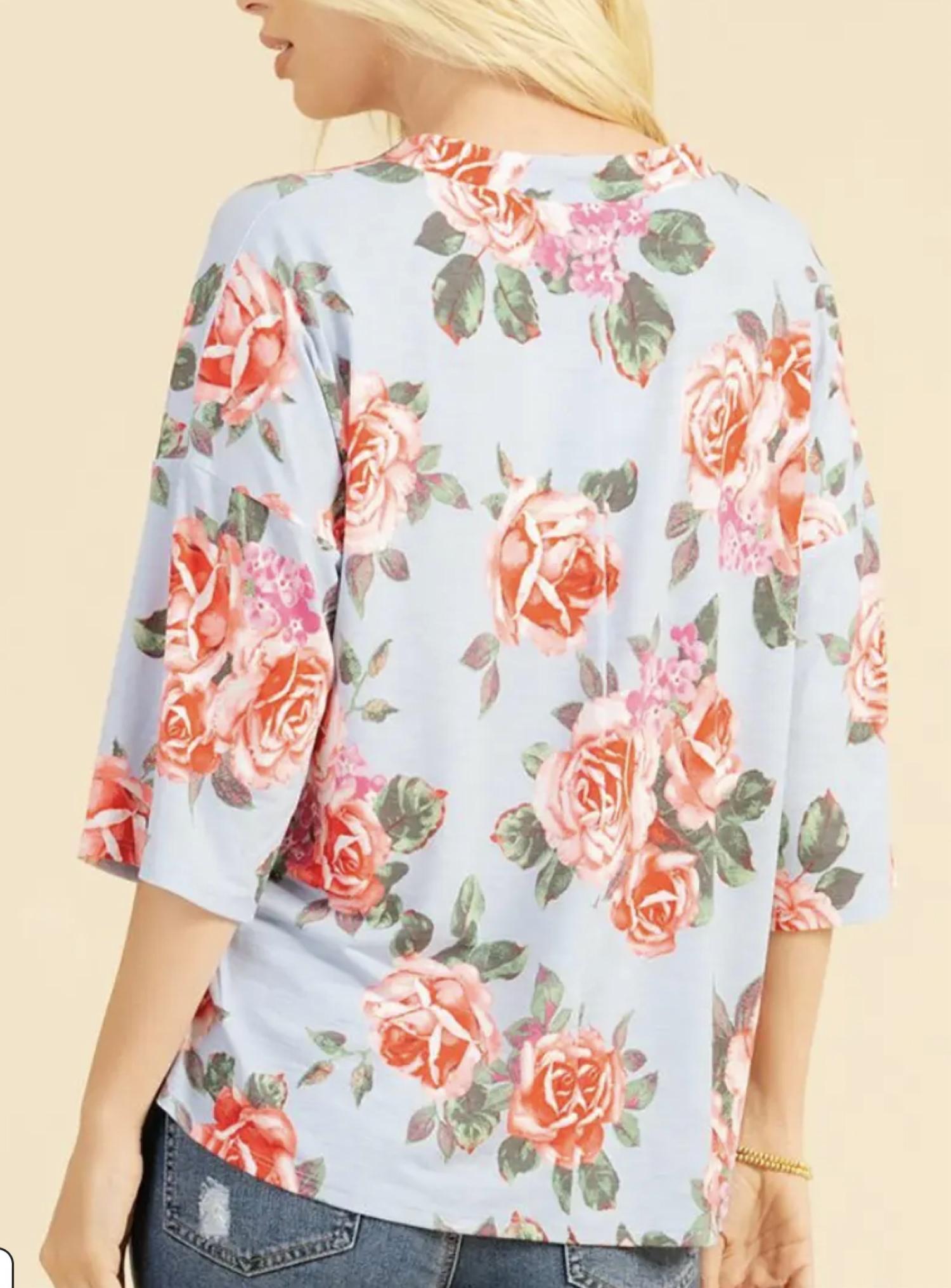 Sew In Love - Blue & Red Floral Half Sleeve Top