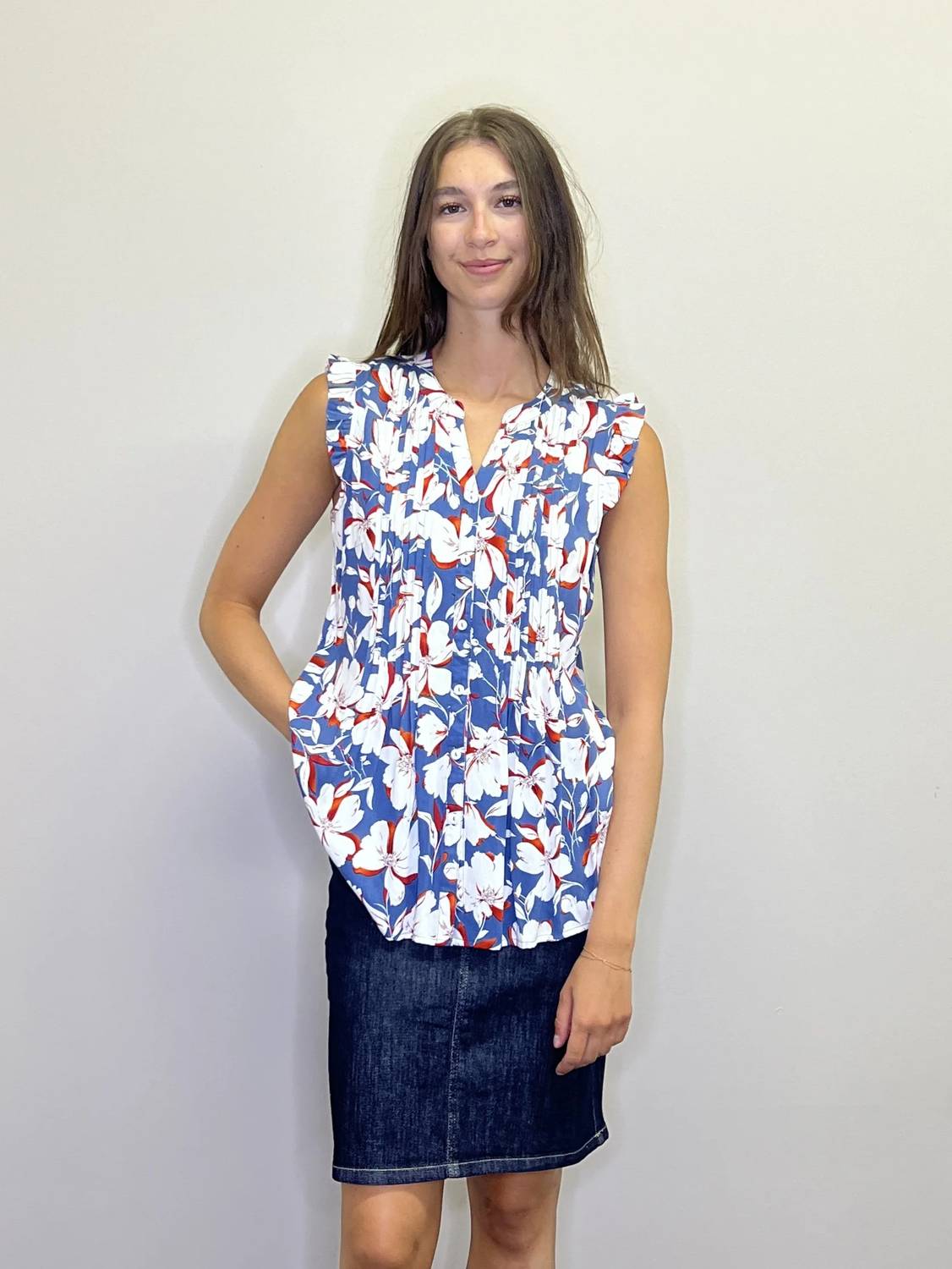 Papillon - Floral Pintucks Blouse With Ruffle Sleeve