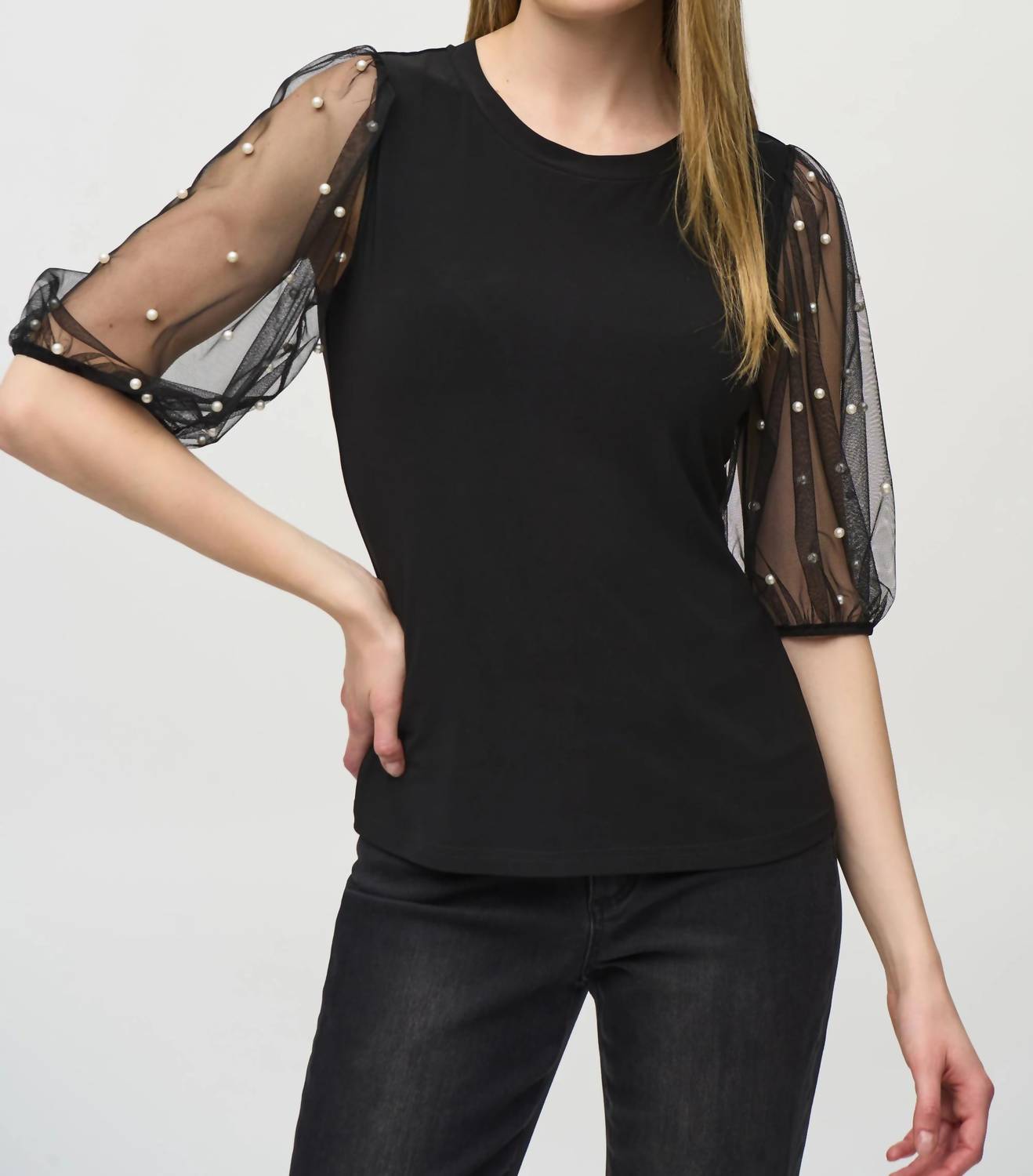 Joseph Ribkoff - Stasia Silky Knit Top With Embellished Mesh Sleeves