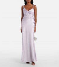 self-portrait Floral-appliqué Satin Maxi Dress in lilac - women's dress