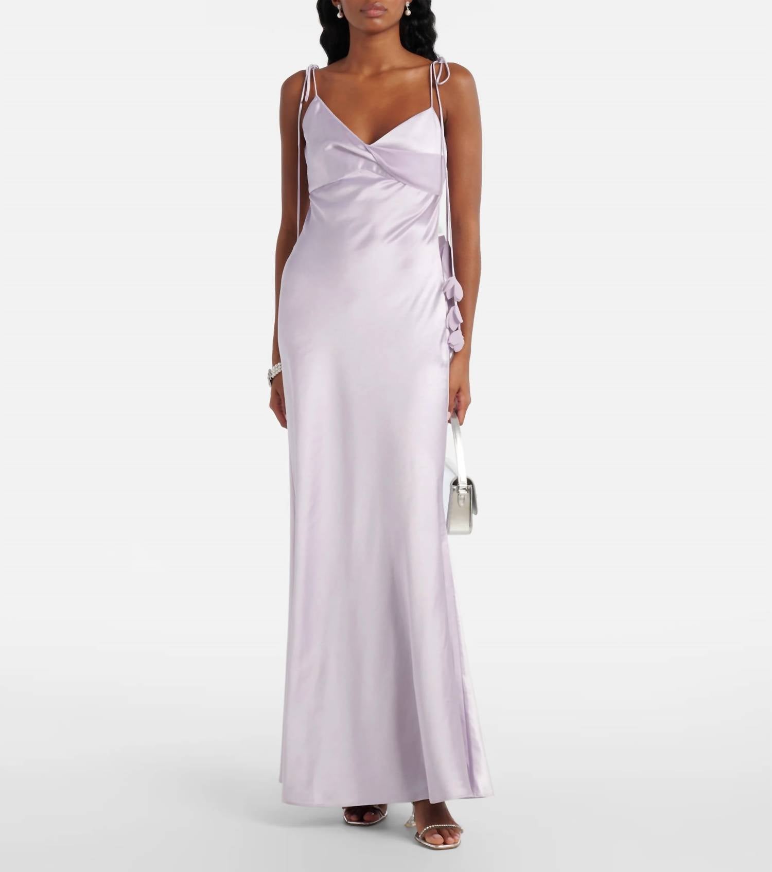 self-portrait Floral-appliqué Satin Maxi Dress in lilac - women's dress