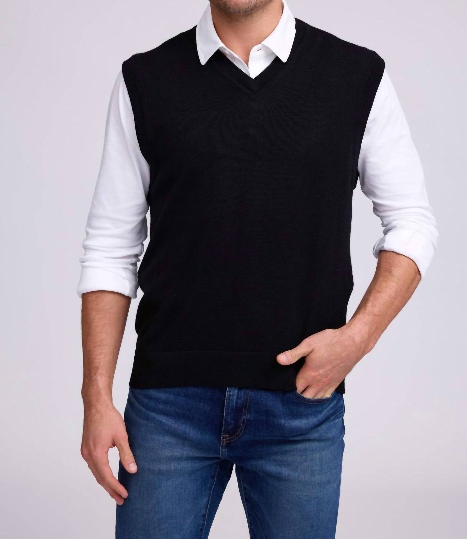 Raffi Extrafine Merino V-neck Vest in black - men's jacket - alternate view