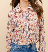 Blue B - Western Print Chiffon Button Up Blouse