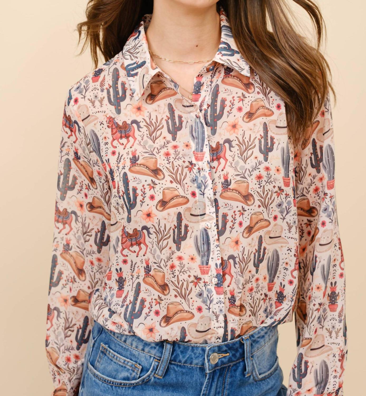 Blue B - Western Print Chiffon Button Up Blouse