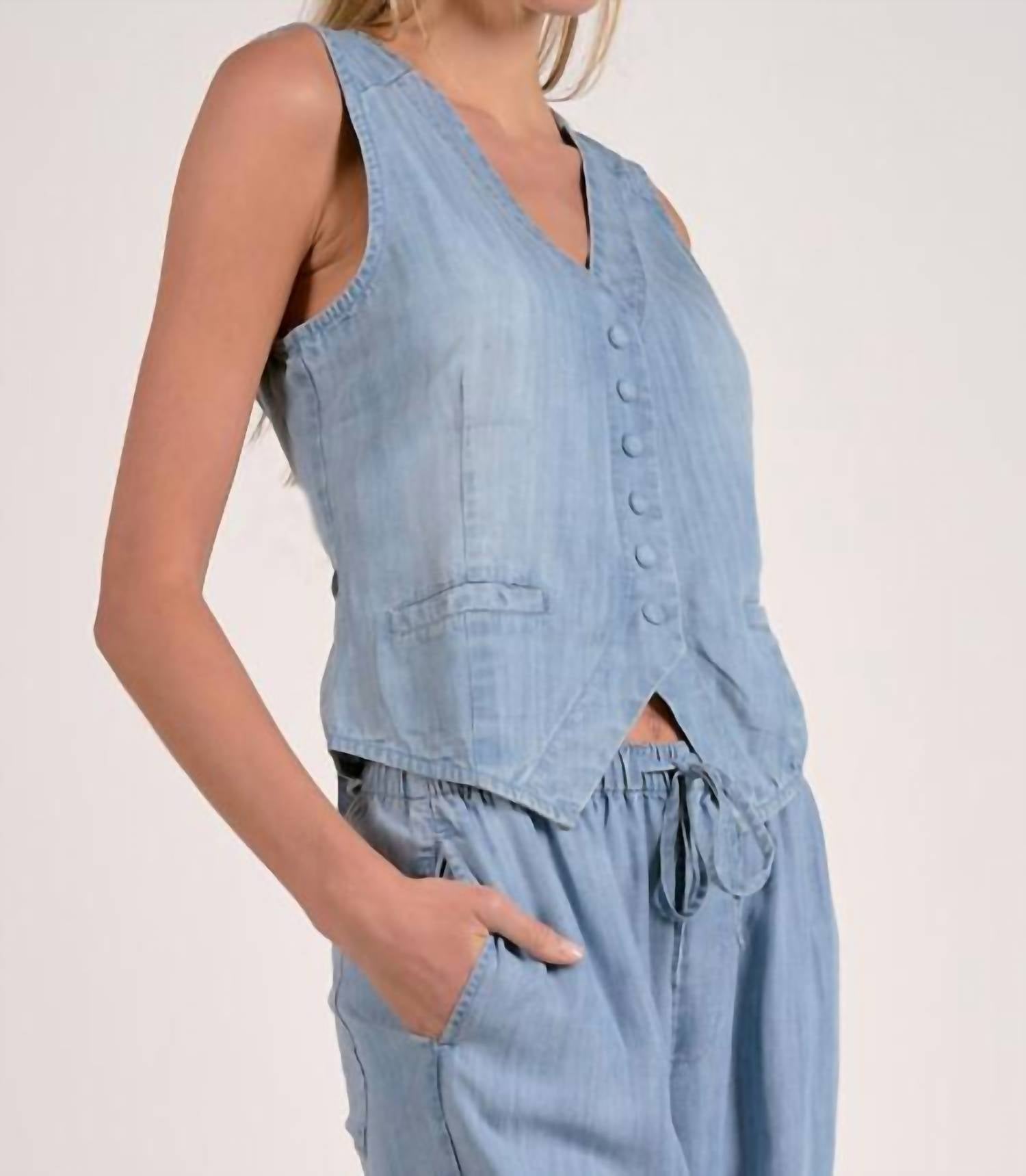ELAN Chambray V-neck Vest in blue - women's blouse - alternate view