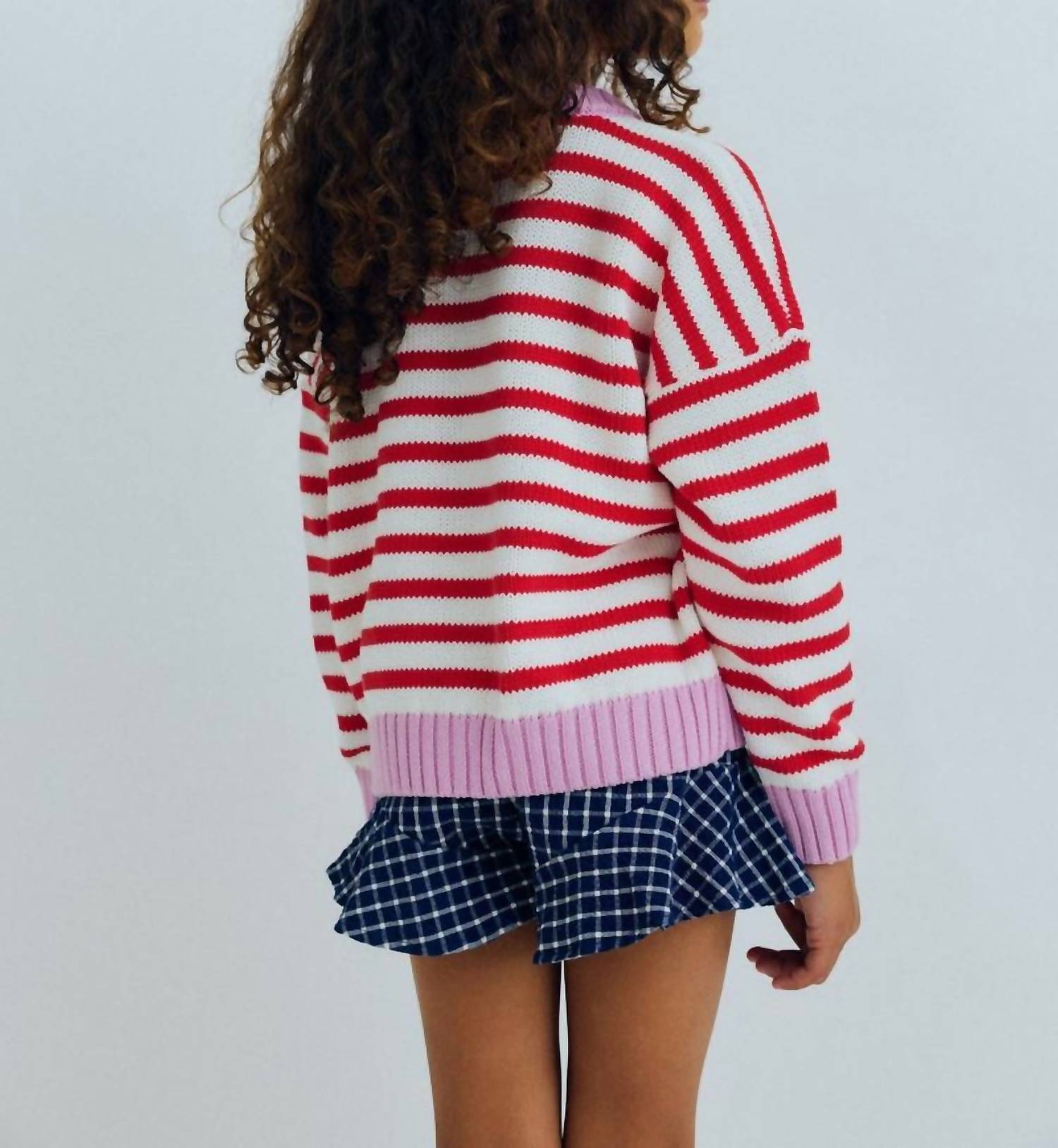 The New Society Marigold Jumper in tulip red pink lavander stripes - kids' sweater - alternate view