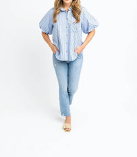 Karlie Striped Poplin Bubble Sleeve Top in blue - women's blouse - detail view