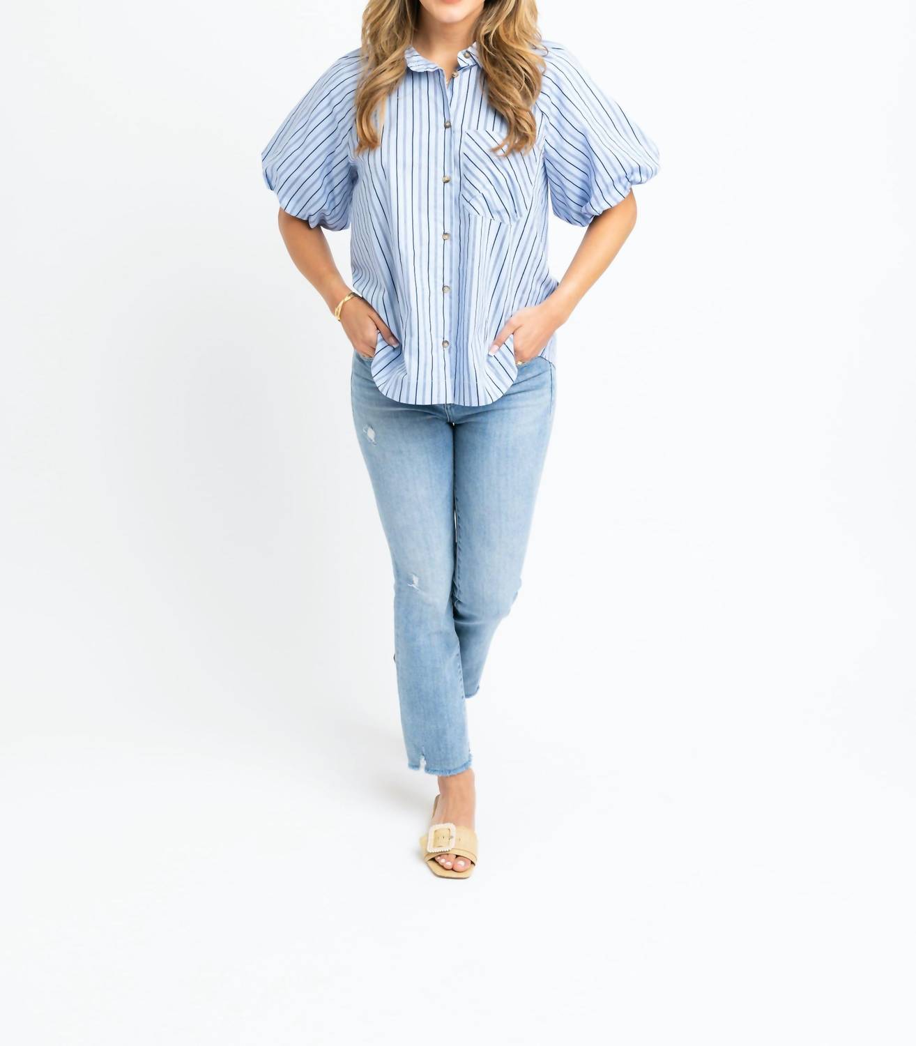 Karlie Striped Poplin Bubble Sleeve Top in blue - women's blouse - detail view